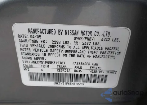 2005 Infiniti G35X from USA, damaged, VIN JNKCV51F65M312787